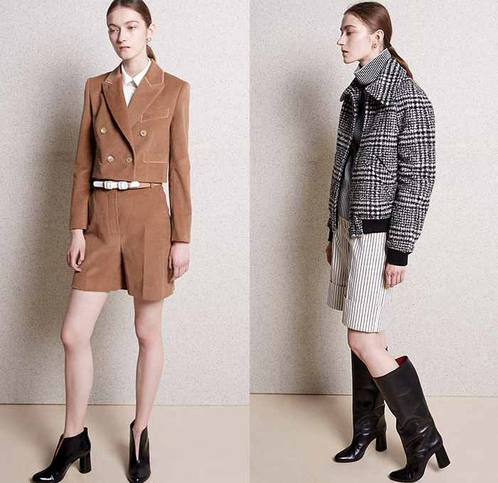 Carven Paris 2015 Pre Fall Autumn Womens Lookbook Presentation - Outerwear Coat Wrap Boots Wide Leg Palazzo Pants Midi Skirt Waistcoat Vest Lace Tartan Camo Combo Panels Half and Half Handkerchief Asymmetrical Hem Blazer Blouse Long Sleeve Stripes Handbag Skirt Frock Miniskirt Sweater Jumper Plaid Turtleneck Camouflage Furry Knit Chunky Cassette Tape V-Neck Shorts Bomber Jacket