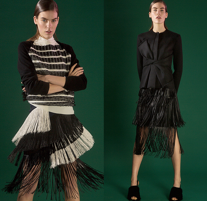 Cédric Charlier 2015 Pre Fall Autumn Womens Lookbook Presentation - Fringes Knit Twist Wrap Ribbon Furry Scarf Leaves Windowpane Check Pantsuit Shirtdress Poncho Skirt Frock Sweater Jumper Stripes Accordion Pleats Silk Pants Trousers Bag Fauna Leaves Foliage Botanical Print Graphic Pattern Grid Curved Hem Check Hoodie Dots Circles Outerwear Coat Zipper
