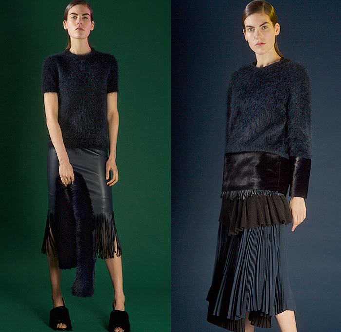 Cédric Charlier 2015 Pre Fall Autumn Womens Lookbook Presentation - Fringes Knit Twist Wrap Ribbon Furry Scarf Leaves Windowpane Check Pantsuit Shirtdress Poncho Skirt Frock Sweater Jumper Stripes Accordion Pleats Silk Pants Trousers Bag Fauna Leaves Foliage Botanical Print Graphic Pattern Grid Curved Hem Check Hoodie Dots Circles Outerwear Coat Zipper