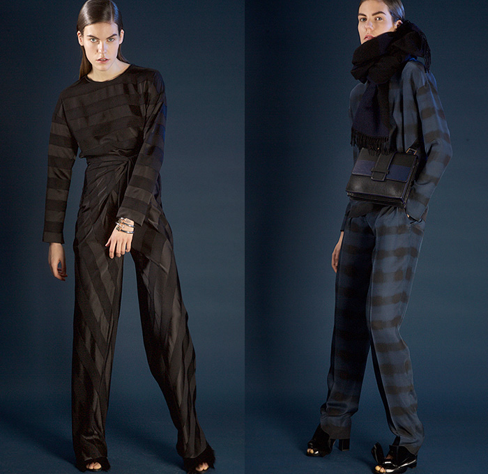 Cédric Charlier 2015 Pre Fall Autumn Womens Lookbook Presentation - Fringes Knit Twist Wrap Ribbon Furry Scarf Leaves Windowpane Check Pantsuit Shirtdress Poncho Skirt Frock Sweater Jumper Stripes Accordion Pleats Silk Pants Trousers Bag Fauna Leaves Foliage Botanical Print Graphic Pattern Grid Curved Hem Check Hoodie Dots Circles Outerwear Coat Zipper