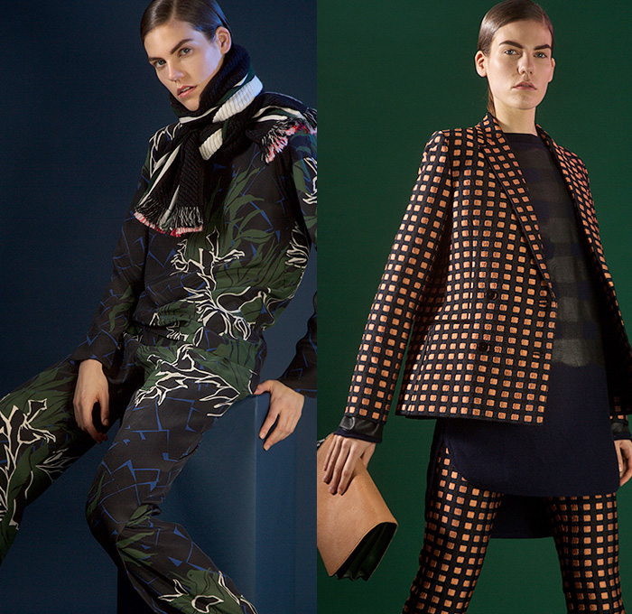 Cédric Charlier 2015 Pre Fall Autumn Womens Lookbook Presentation - Fringes Knit Twist Wrap Ribbon Furry Scarf Leaves Windowpane Check Pantsuit Shirtdress Poncho Skirt Frock Sweater Jumper Stripes Accordion Pleats Silk Pants Trousers Bag Fauna Leaves Foliage Botanical Print Graphic Pattern Grid Curved Hem Check Hoodie Dots Circles Outerwear Coat Zipper