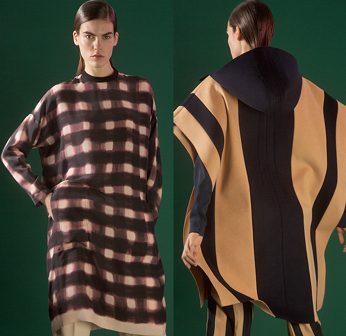 Cédric Charlier 2015 Pre Fall Autumn Womens Lookbook Presentation - Fringes Knit Twist Wrap Ribbon Furry Scarf Leaves Windowpane Check Pantsuit Shirtdress Poncho Skirt Frock Sweater Jumper Stripes Accordion Pleats Silk Pants Trousers Bag Fauna Leaves Foliage Botanical Print Graphic Pattern Grid Curved Hem Check Hoodie Dots Circles Outerwear Coat Zipper