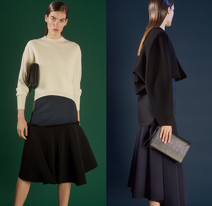 Cédric Charlier 2015 Pre Fall Autumn Womens Lookbook Presentation - Fringes Knit Twist Wrap Ribbon Furry Scarf Leaves Windowpane Check Pantsuit Shirtdress Poncho Skirt Frock Sweater Jumper Stripes Accordion Pleats Silk Pants Trousers Bag Fauna Leaves Foliage Botanical Print Graphic Pattern Grid Curved Hem Check Hoodie Dots Circles Outerwear Coat Zipper