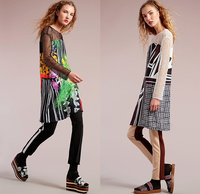 Clover Canyon 2015 Pre Fall Autumn Womens Lookbook Presentation - Flowers Mesh Grid Blousedress Cutout Waist Bomber Jacket Hoodie Checks Florals Botanical Print Graphic Pattern Tuxedo Stripe Trousers Cropped Pants Socks With Sandals Platforms Weave Mix Match Ornamental Print Decorative Art Tribal Outerwear Jacket Skirt Frock Pleats Stripes Sneakers Maxi Dress Gown