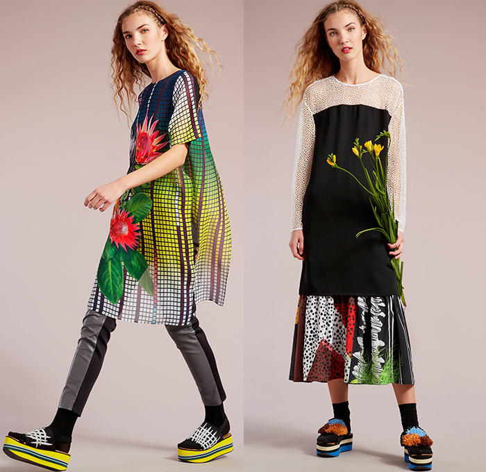 Clover Canyon 2015 Pre Fall Autumn Womens Lookbook Presentation - Flowers Mesh Grid Blousedress Cutout Waist Bomber Jacket Hoodie Checks Florals Botanical Print Graphic Pattern Tuxedo Stripe Trousers Cropped Pants Socks With Sandals Platforms Weave Mix Match Ornamental Print Decorative Art Tribal Outerwear Jacket Skirt Frock Pleats Stripes Sneakers Maxi Dress Gown