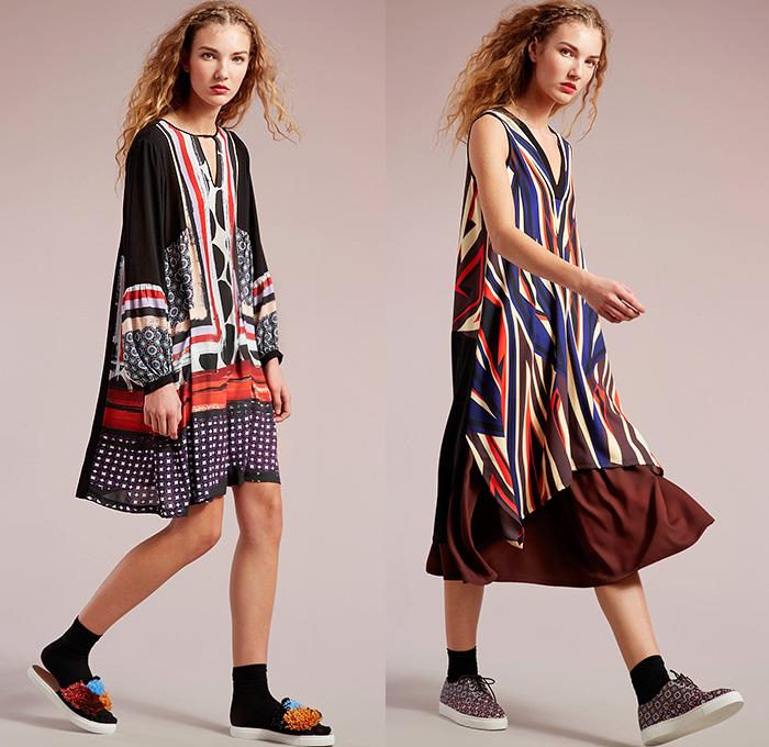 Clover Canyon 2015 Pre Fall Autumn Womens Lookbook Presentation - Flowers Mesh Grid Blousedress Cutout Waist Bomber Jacket Hoodie Checks Florals Botanical Print Graphic Pattern Tuxedo Stripe Trousers Cropped Pants Socks With Sandals Platforms Weave Mix Match Ornamental Print Decorative Art Tribal Outerwear Jacket Skirt Frock Pleats Stripes Sneakers Maxi Dress Gown