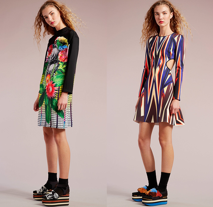 Clover Canyon 2015 Pre Fall Autumn Womens Lookbook Presentation - Flowers Mesh Grid Blousedress Cutout Waist Bomber Jacket Hoodie Checks Florals Botanical Print Graphic Pattern Tuxedo Stripe Trousers Cropped Pants Socks With Sandals Platforms Weave Mix Match Ornamental Print Decorative Art Tribal Outerwear Jacket Skirt Frock Pleats Stripes Sneakers Maxi Dress Gown