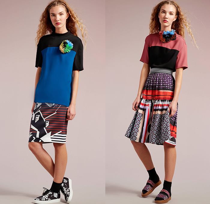 Clover Canyon 2015 Pre Fall Autumn Womens Lookbook Presentation - Flowers Mesh Grid Blousedress Cutout Waist Bomber Jacket Hoodie Checks Florals Botanical Print Graphic Pattern Tuxedo Stripe Trousers Cropped Pants Socks With Sandals Platforms Weave Mix Match Ornamental Print Decorative Art Tribal Outerwear Jacket Skirt Frock Pleats Stripes Sneakers Maxi Dress Gown
