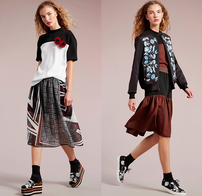 Clover Canyon 2015 Pre Fall Autumn Womens Lookbook Presentation - Flowers Mesh Grid Blousedress Cutout Waist Bomber Jacket Hoodie Checks Florals Botanical Print Graphic Pattern Tuxedo Stripe Trousers Cropped Pants Socks With Sandals Platforms Weave Mix Match Ornamental Print Decorative Art Tribal Outerwear Jacket Skirt Frock Pleats Stripes Sneakers Maxi Dress Gown