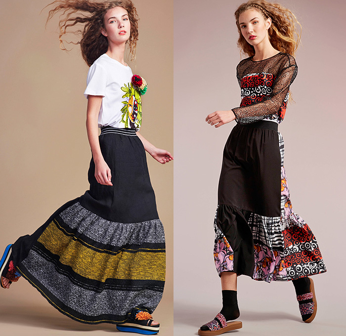 Clover Canyon 2015 Pre Fall Autumn Womens Lookbook Presentation - Flowers Mesh Grid Blousedress Cutout Waist Bomber Jacket Hoodie Checks Florals Botanical Print Graphic Pattern Tuxedo Stripe Trousers Cropped Pants Socks With Sandals Platforms Weave Mix Match Ornamental Print Decorative Art Tribal Outerwear Jacket Skirt Frock Pleats Stripes Sneakers Maxi Dress Gown