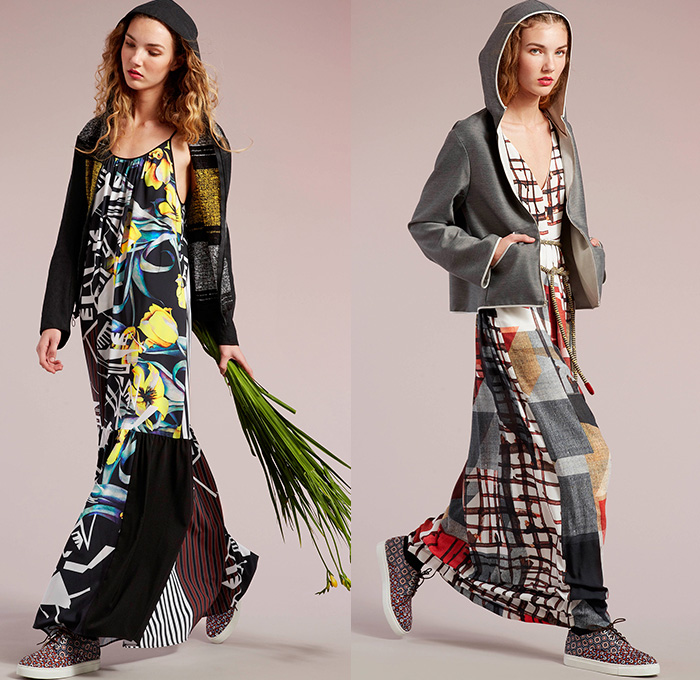 Clover Canyon 2015 Pre Fall Autumn Womens Lookbook Presentation - Flowers Mesh Grid Blousedress Cutout Waist Bomber Jacket Hoodie Checks Florals Botanical Print Graphic Pattern Tuxedo Stripe Trousers Cropped Pants Socks With Sandals Platforms Weave Mix Match Ornamental Print Decorative Art Tribal Outerwear Jacket Skirt Frock Pleats Stripes Sneakers Maxi Dress Gown