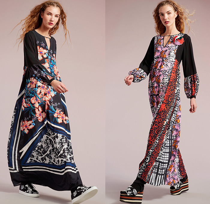 Clover Canyon 2015 Pre Fall Autumn Womens Lookbook Presentation - Flowers Mesh Grid Blousedress Cutout Waist Bomber Jacket Hoodie Checks Florals Botanical Print Graphic Pattern Tuxedo Stripe Trousers Cropped Pants Socks With Sandals Platforms Weave Mix Match Ornamental Print Decorative Art Tribal Outerwear Jacket Skirt Frock Pleats Stripes Sneakers Maxi Dress Gown