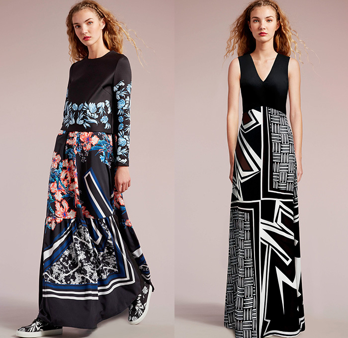 Clover Canyon 2015 Pre Fall Autumn Womens Lookbook Presentation - Flowers Mesh Grid Blousedress Cutout Waist Bomber Jacket Hoodie Checks Florals Botanical Print Graphic Pattern Tuxedo Stripe Trousers Cropped Pants Socks With Sandals Platforms Weave Mix Match Ornamental Print Decorative Art Tribal Outerwear Jacket Skirt Frock Pleats Stripes Sneakers Maxi Dress Gown