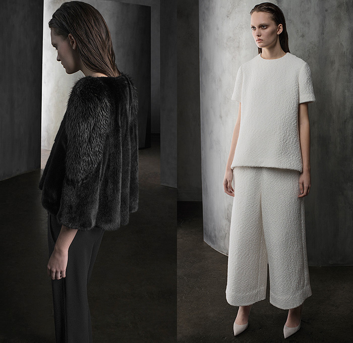 Co Los Angeles 2015 Pre Fall Autumn Womens Lookbook Presentation - Furry Outerwear Capelet Turtleneck Culottes Coatdress Knit Drapery Jacket Coat A-line Cashmere Jacquard Bouclé Trapeze Sleeveless Pants Trousers Wide Leg Gauchos Overcoat Wide Lapel Skirt Frock Drawstring Drapery Pleats Maxi Dress Bell Sleeves