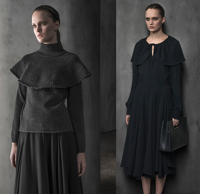 Co Los Angeles 2015 Pre Fall Autumn Womens Lookbook Presentation - Furry Outerwear Capelet Turtleneck Culottes Coatdress Knit Drapery Jacket Coat A-line Cashmere Jacquard Bouclé Trapeze Sleeveless Pants Trousers Wide Leg Gauchos Overcoat Wide Lapel Skirt Frock Drawstring Drapery Pleats Maxi Dress Bell Sleeves