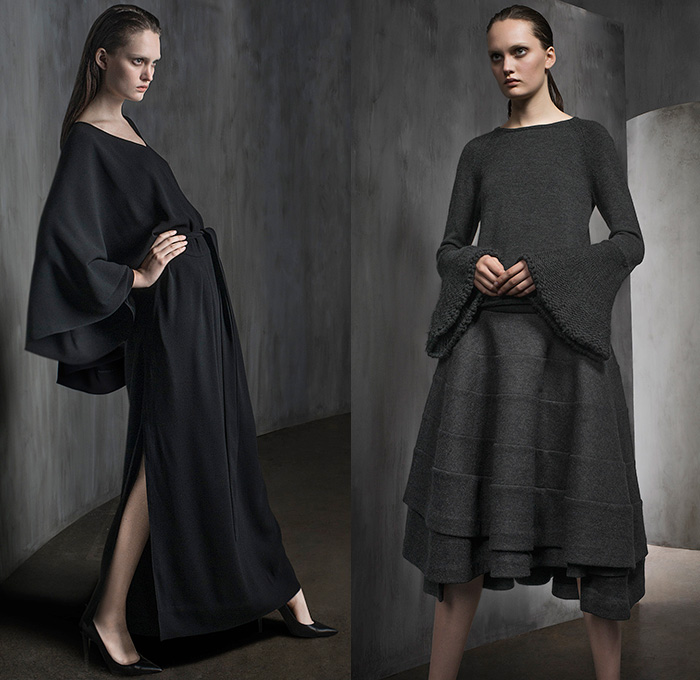 Co Los Angeles 2015 Pre Fall Autumn Womens Lookbook Presentation - Furry Outerwear Capelet Turtleneck Culottes Coatdress Knit Drapery Jacket Coat A-line Cashmere Jacquard Bouclé Trapeze Sleeveless Pants Trousers Wide Leg Gauchos Overcoat Wide Lapel Skirt Frock Drawstring Drapery Pleats Maxi Dress Bell Sleeves