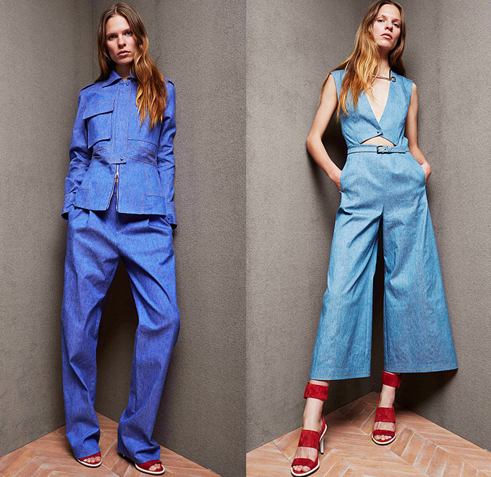 Derek Lam 10 Crosby 2015 Pre Fall Autumn Womens Lookbook Presentation - Denim Jeans Woodblock Wood Grain Motif Prints Culottes Suede Coat Dress Handkerchief Hem Palazzo Pants Square Pockets Bucket Bag Wide Leg Gauchos High Slit Belted Waist Trucker Jacket Flowers Florals Skirt Frock White Ensemble Sleeveless Multi-Panel Metallic Studs Flare Outerwear Waist Pouch Fanny Pack Knit Blouse Cargo Flap Pockets