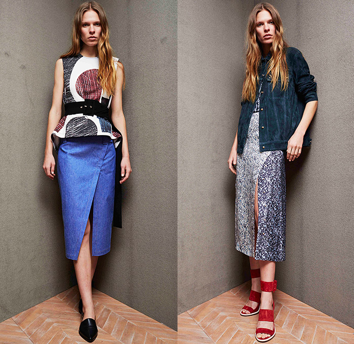 Derek Lam 10 Crosby 2015 Pre Fall Autumn Womens Lookbook Presentation - Denim Jeans Woodblock Wood Grain Motif Prints Culottes Suede Coat Dress Handkerchief Hem Palazzo Pants Square Pockets Bucket Bag Wide Leg Gauchos High Slit Belted Waist Trucker Jacket Flowers Florals Skirt Frock White Ensemble Sleeveless Multi-Panel Metallic Studs Flare Outerwear Waist Pouch Fanny Pack Knit Blouse Cargo Flap Pockets