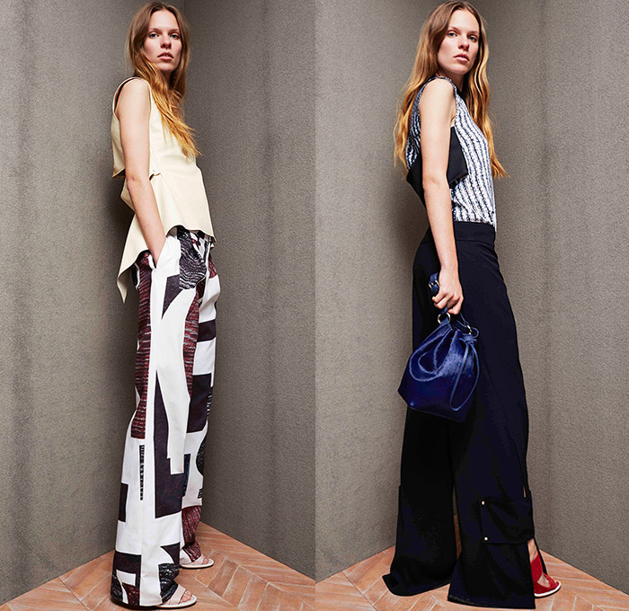 Derek Lam 10 Crosby 2015 Pre Fall Autumn Womens Lookbook Presentation - Denim Jeans Woodblock Wood Grain Motif Prints Culottes Suede Coat Dress Handkerchief Hem Palazzo Pants Square Pockets Bucket Bag Wide Leg Gauchos High Slit Belted Waist Trucker Jacket Flowers Florals Skirt Frock White Ensemble Sleeveless Multi-Panel Metallic Studs Flare Outerwear Waist Pouch Fanny Pack Knit Blouse Cargo Flap Pockets