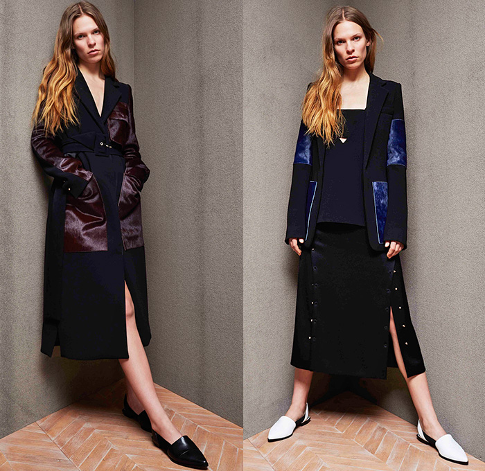 Derek Lam 10 Crosby 2015 Pre Fall Autumn Womens Lookbook Presentation - Denim Jeans Woodblock Wood Grain Motif Prints Culottes Suede Coat Dress Handkerchief Hem Palazzo Pants Square Pockets Bucket Bag Wide Leg Gauchos High Slit Belted Waist Trucker Jacket Flowers Florals Skirt Frock White Ensemble Sleeveless Multi-Panel Metallic Studs Flare Outerwear Waist Pouch Fanny Pack Knit Blouse Cargo Flap Pockets