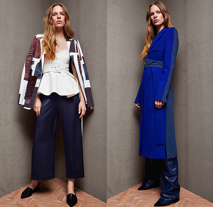 Derek Lam 10 Crosby 2015 Pre Fall Autumn Womens Lookbook Presentation - Denim Jeans Woodblock Wood Grain Motif Prints Culottes Suede Coat Dress Handkerchief Hem Palazzo Pants Square Pockets Bucket Bag Wide Leg Gauchos High Slit Belted Waist Trucker Jacket Flowers Florals Skirt Frock White Ensemble Sleeveless Multi-Panel Metallic Studs Flare Outerwear Waist Pouch Fanny Pack Knit Blouse Cargo Flap Pockets