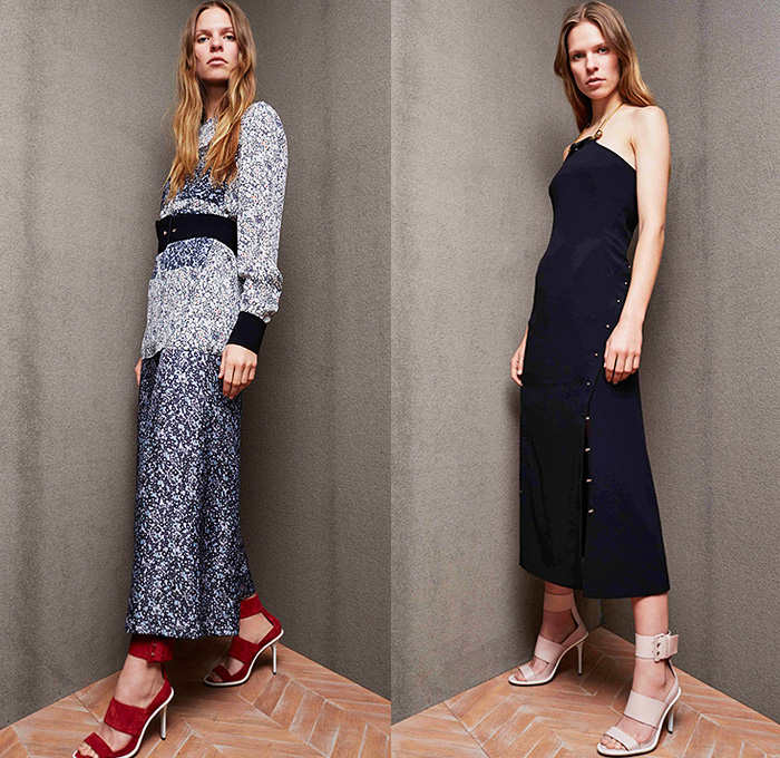 Derek Lam 10 Crosby 2015 Pre Fall Autumn Womens Lookbook Presentation - Denim Jeans Woodblock Wood Grain Motif Prints Culottes Suede Coat Dress Handkerchief Hem Palazzo Pants Square Pockets Bucket Bag Wide Leg Gauchos High Slit Belted Waist Trucker Jacket Flowers Florals Skirt Frock White Ensemble Sleeveless Multi-Panel Metallic Studs Flare Outerwear Waist Pouch Fanny Pack Knit Blouse Cargo Flap Pockets