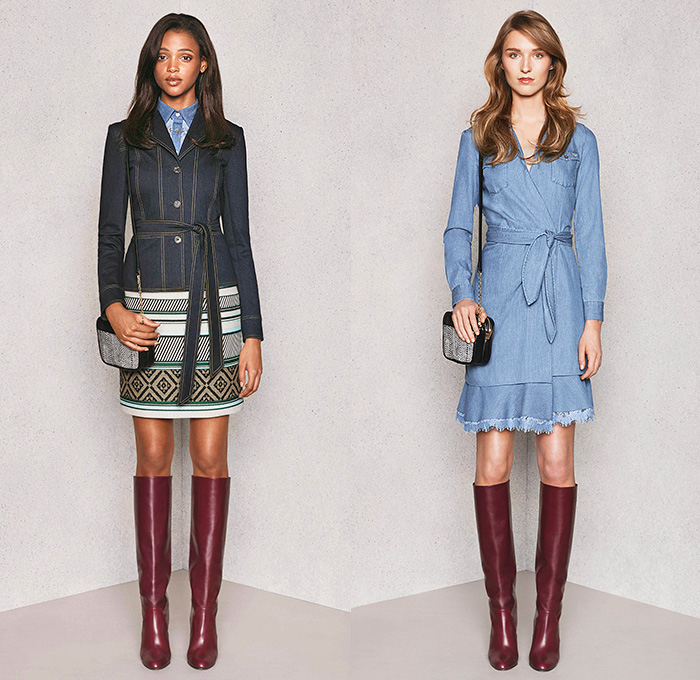 Diane Von Furstenberg 2015 Pre Fall Autumn Womens Lookbook Presentation - Denim Jeans Coat Lace Wrap Dress Flowers Patchwork Geometric Tribal Ruffles Leopard Silk Tweed Outerwear Sash Waist Jacket Miniskirt Blouse Boots Sleeveless Shirtdress Flowers Florals Botanical Fauna Leaves Foliage Print Graphic Pattern Ornamental Print Decorative Art Tribal Pantsuit Gown Maxi Dress Sheer Chiffon