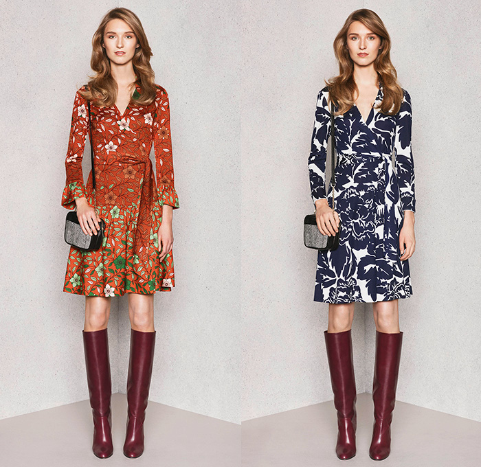 Diane Von Furstenberg 2015 Pre Fall Autumn Womens Lookbook Presentation - Denim Jeans Coat Lace Wrap Dress Flowers Patchwork Geometric Tribal Ruffles Leopard Silk Tweed Outerwear Sash Waist Jacket Miniskirt Blouse Boots Sleeveless Shirtdress Flowers Florals Botanical Fauna Leaves Foliage Print Graphic Pattern Ornamental Print Decorative Art Tribal Pantsuit Gown Maxi Dress Sheer Chiffon