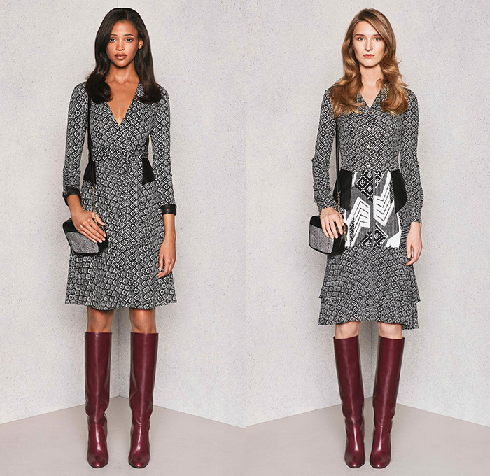 Diane Von Furstenberg 2015 Pre Fall Autumn Womens Lookbook Presentation - Denim Jeans Coat Lace Wrap Dress Flowers Patchwork Geometric Tribal Ruffles Leopard Silk Tweed Outerwear Sash Waist Jacket Miniskirt Blouse Boots Sleeveless Shirtdress Flowers Florals Botanical Fauna Leaves Foliage Print Graphic Pattern Ornamental Print Decorative Art Tribal Pantsuit Gown Maxi Dress Sheer Chiffon