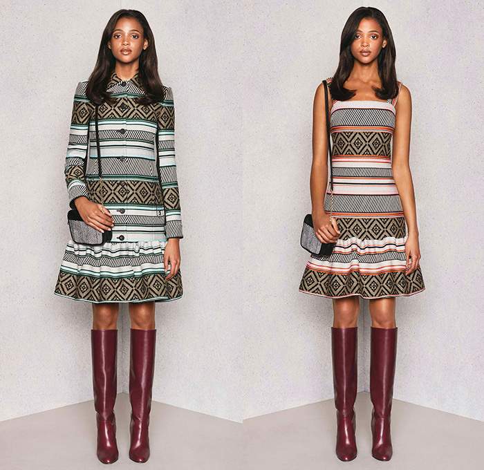 Diane Von Furstenberg 2015 Pre Fall Autumn Womens Lookbook Presentation - Denim Jeans Coat Lace Wrap Dress Flowers Patchwork Geometric Tribal Ruffles Leopard Silk Tweed Outerwear Sash Waist Jacket Miniskirt Blouse Boots Sleeveless Shirtdress Flowers Florals Botanical Fauna Leaves Foliage Print Graphic Pattern Ornamental Print Decorative Art Tribal Pantsuit Gown Maxi Dress Sheer Chiffon