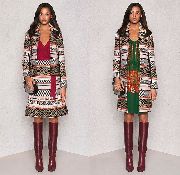 Diane Von Furstenberg 2015 Pre Fall Autumn Womens Lookbook Presentation - Denim Jeans Coat Lace Wrap Dress Flowers Patchwork Geometric Tribal Ruffles Leopard Silk Tweed Outerwear Sash Waist Jacket Miniskirt Blouse Boots Sleeveless Shirtdress Flowers Florals Botanical Fauna Leaves Foliage Print Graphic Pattern Ornamental Print Decorative Art Tribal Pantsuit Gown Maxi Dress Sheer Chiffon