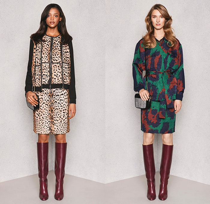 Diane Von Furstenberg 2015 Pre Fall Autumn Womens Lookbook Presentation - Denim Jeans Coat Lace Wrap Dress Flowers Patchwork Geometric Tribal Ruffles Leopard Silk Tweed Outerwear Sash Waist Jacket Miniskirt Blouse Boots Sleeveless Shirtdress Flowers Florals Botanical Fauna Leaves Foliage Print Graphic Pattern Ornamental Print Decorative Art Tribal Pantsuit Gown Maxi Dress Sheer Chiffon