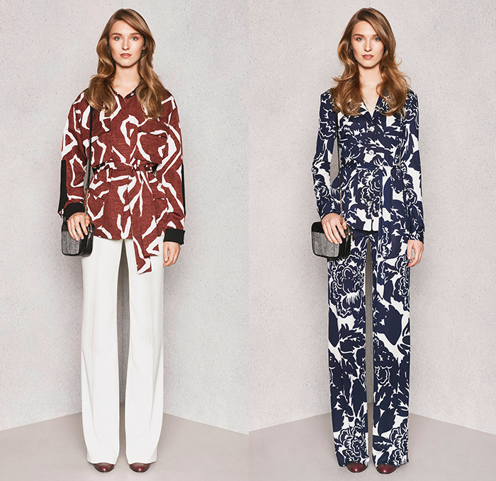 Diane Von Furstenberg 2015 Pre Fall Autumn Womens Lookbook Presentation - Denim Jeans Coat Lace Wrap Dress Flowers Patchwork Geometric Tribal Ruffles Leopard Silk Tweed Outerwear Sash Waist Jacket Miniskirt Blouse Boots Sleeveless Shirtdress Flowers Florals Botanical Fauna Leaves Foliage Print Graphic Pattern Ornamental Print Decorative Art Tribal Pantsuit Gown Maxi Dress Sheer Chiffon