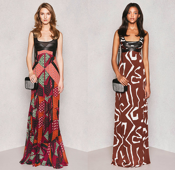 Diane Von Furstenberg 2015 Pre Fall Autumn Womens Lookbook Presentation - Denim Jeans Coat Lace Wrap Dress Flowers Patchwork Geometric Tribal Ruffles Leopard Silk Tweed Outerwear Sash Waist Jacket Miniskirt Blouse Boots Sleeveless Shirtdress Flowers Florals Botanical Fauna Leaves Foliage Print Graphic Pattern Ornamental Print Decorative Art Tribal Pantsuit Gown Maxi Dress Sheer Chiffon