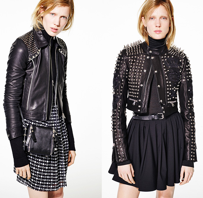 Diesel Black Gold 2015 Pre Fall Autumn Mens Womens Lookbook Presentation - London British Punk Rock Denim Jeans Leather Metal Studs Moto Biker Grommets Knit Parka Pinstripe Shirtdress Frock Miniskirt Pleats Outerwear Jacket Geometric Motorcycle Rider 3D Embellishments Adornments Sweater Jumper Blazer White Ensemble Sheer Chiffon Dress Blouse Zipper Plaid Checks Peacoat Ribbed Panels Cropped Pants Hoodie Furry