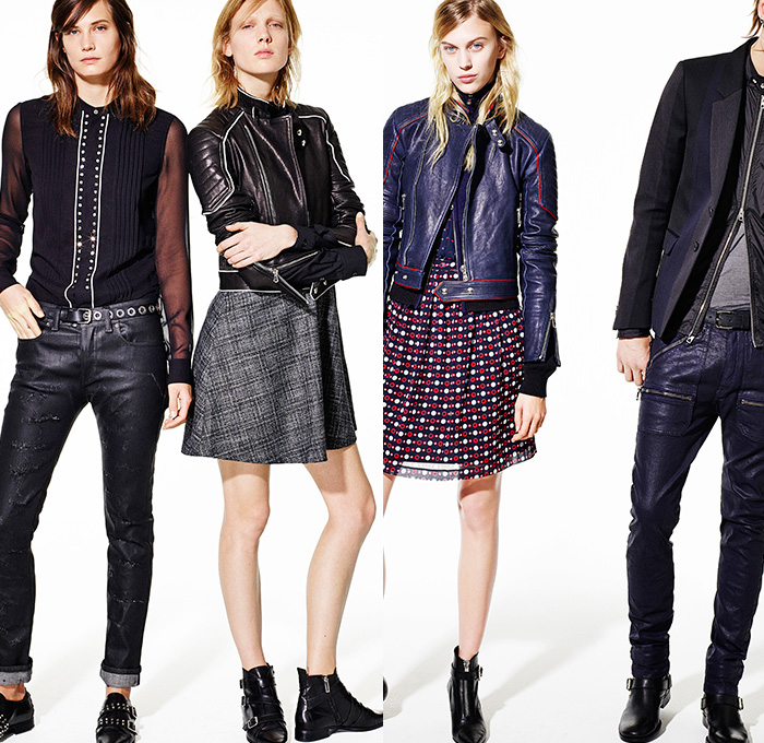 Diesel Black Gold 2015 Pre Fall Autumn Mens Womens Lookbook Presentation - London British Punk Rock Denim Jeans Leather Metal Studs Moto Biker Grommets Knit Parka Pinstripe Shirtdress Frock Miniskirt Pleats Outerwear Jacket Geometric Motorcycle Rider 3D Embellishments Adornments Sweater Jumper Blazer White Ensemble Sheer Chiffon Dress Blouse Zipper Plaid Checks Peacoat Ribbed Panels Cropped Pants Hoodie Furry