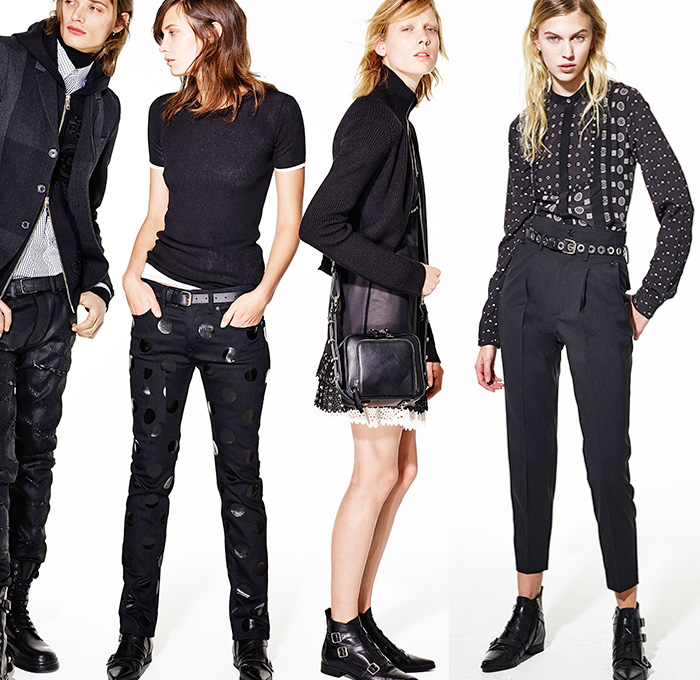 Diesel Black Gold 2015 Pre Fall Autumn Mens Womens Lookbook Presentation - London British Punk Rock Denim Jeans Leather Metal Studs Moto Biker Grommets Knit Parka Pinstripe Shirtdress Frock Miniskirt Pleats Outerwear Jacket Geometric Motorcycle Rider 3D Embellishments Adornments Sweater Jumper Blazer White Ensemble Sheer Chiffon Dress Blouse Zipper Plaid Checks Peacoat Ribbed Panels Cropped Pants Hoodie Furry