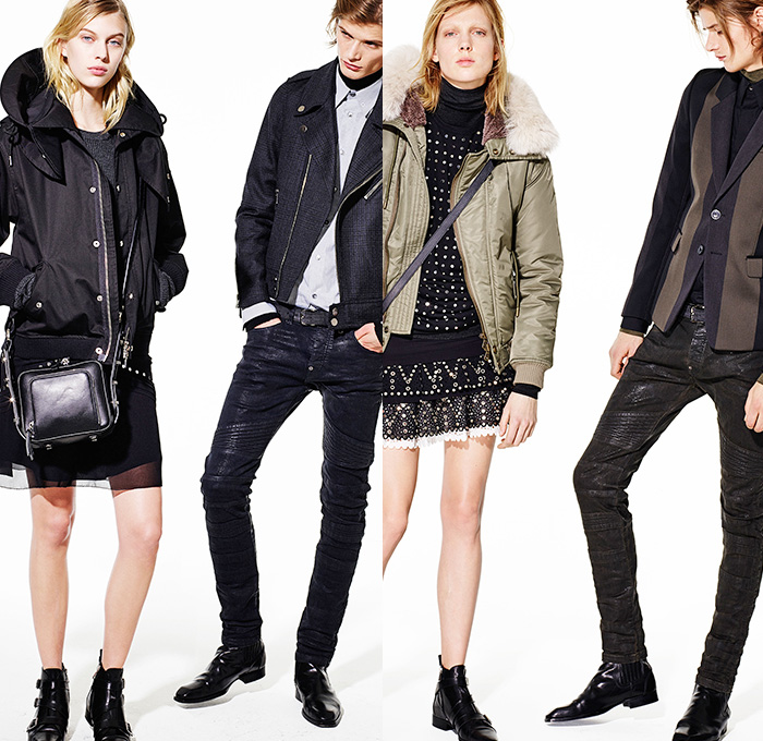 Diesel Black Gold 2015 Pre Fall Autumn Mens Womens Lookbook Presentation - London British Punk Rock Denim Jeans Leather Metal Studs Moto Biker Grommets Knit Parka Pinstripe Shirtdress Frock Miniskirt Pleats Outerwear Jacket Geometric Motorcycle Rider 3D Embellishments Adornments Sweater Jumper Blazer White Ensemble Sheer Chiffon Dress Blouse Zipper Plaid Checks Peacoat Ribbed Panels Cropped Pants Hoodie Furry