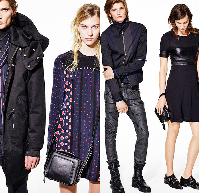 Diesel Black Gold 2015 Pre Fall Autumn Mens Womens Lookbook Presentation - London British Punk Rock Denim Jeans Leather Metal Studs Moto Biker Grommets Knit Parka Pinstripe Shirtdress Frock Miniskirt Pleats Outerwear Jacket Geometric Motorcycle Rider 3D Embellishments Adornments Sweater Jumper Blazer White Ensemble Sheer Chiffon Dress Blouse Zipper Plaid Checks Peacoat Ribbed Panels Cropped Pants Hoodie Furry