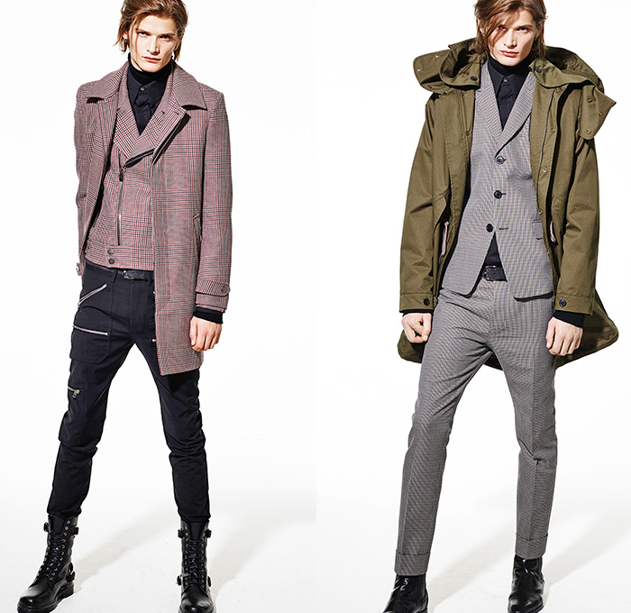 Diesel Black Gold 2015 Pre Fall Autumn Mens Womens Lookbook Presentation - London British Punk Rock Denim Jeans Leather Metal Studs Moto Biker Grommets Knit Parka Pinstripe Shirtdress Frock Miniskirt Pleats Outerwear Jacket Geometric Motorcycle Rider 3D Embellishments Adornments Sweater Jumper Blazer White Ensemble Sheer Chiffon Dress Blouse Zipper Plaid Checks Peacoat Ribbed Panels Cropped Pants Hoodie Furry