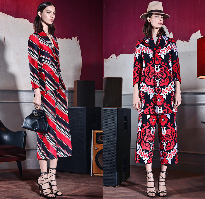 Dsquared2 2015 Pre Fall Autumn Womens Lookbook Presentation - Pantsuit Culottes Stripes Flowers Foliage Fringes Knit Sweater Jacquard Plaid Zigzag Ruffles Wrap Blazer Outerwear Ornamental Print Decorative Art Fauna Leaves Botanical Pattern Florals Flora Tuxedo Cocktail Jacket Tapered Sheer Chiffon Leather Knee Panels Chunky Turtleneck Multi-Panel Flapper Poodle Circle Skirt Tiered Coatdress Maxi 