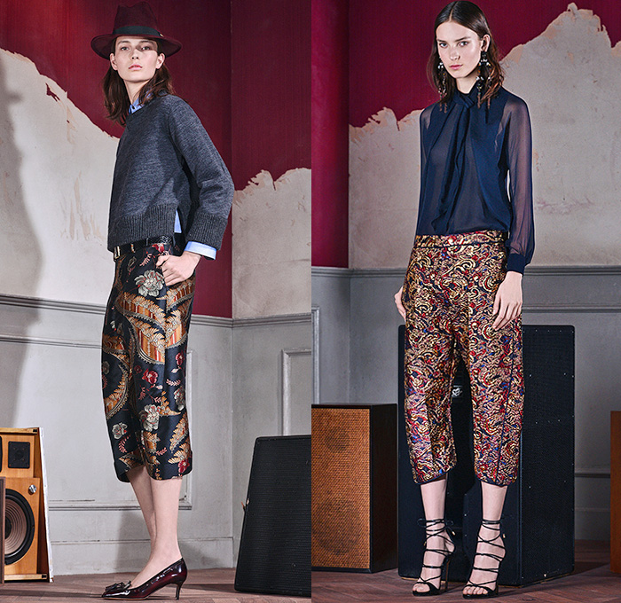 Dsquared2 2015 Pre Fall Autumn Womens Lookbook Presentation - Pantsuit Culottes Stripes Flowers Foliage Fringes Knit Sweater Jacquard Plaid Zigzag Ruffles Wrap Blazer Outerwear Ornamental Print Decorative Art Fauna Leaves Botanical Pattern Florals Flora Tuxedo Cocktail Jacket Tapered Sheer Chiffon Leather Knee Panels Chunky Turtleneck Multi-Panel Flapper Poodle Circle Skirt Tiered Coatdress Maxi 