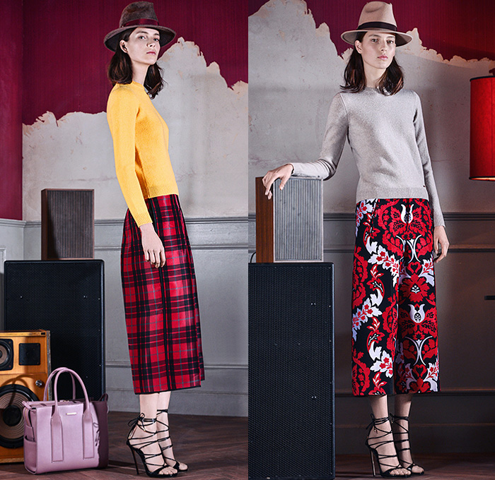 Dsquared2 2015 Pre Fall Autumn Womens Lookbook Presentation - Pantsuit Culottes Stripes Flowers Foliage Fringes Knit Sweater Jacquard Plaid Zigzag Ruffles Wrap Blazer Outerwear Ornamental Print Decorative Art Fauna Leaves Botanical Pattern Florals Flora Tuxedo Cocktail Jacket Tapered Sheer Chiffon Leather Knee Panels Chunky Turtleneck Multi-Panel Flapper Poodle Circle Skirt Tiered Coatdress Maxi 