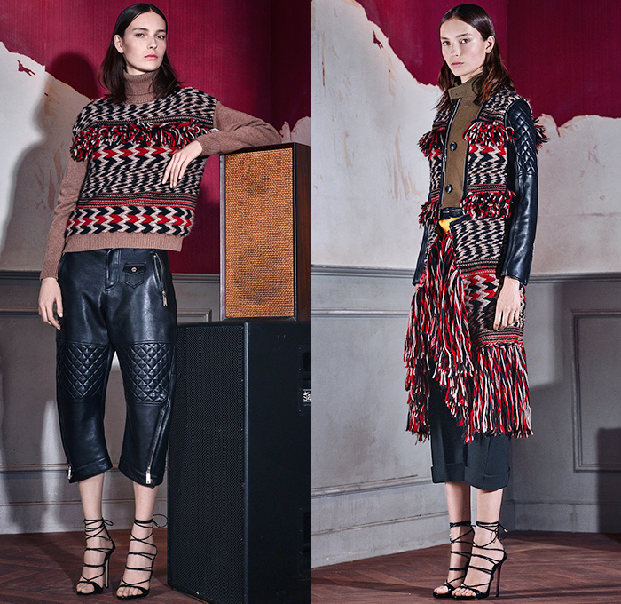 Dsquared2 2015 Pre Fall Autumn Womens Lookbook Presentation - Pantsuit Culottes Stripes Flowers Foliage Fringes Knit Sweater Jacquard Plaid Zigzag Ruffles Wrap Blazer Outerwear Ornamental Print Decorative Art Fauna Leaves Botanical Pattern Florals Flora Tuxedo Cocktail Jacket Tapered Sheer Chiffon Leather Knee Panels Chunky Turtleneck Multi-Panel Flapper Poodle Circle Skirt Tiered Coatdress Maxi 