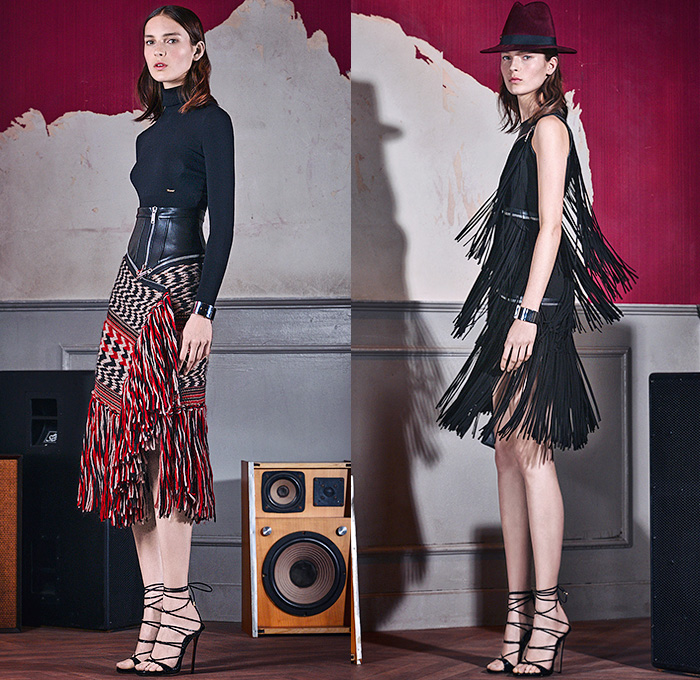 Dsquared2 2015 Pre Fall Autumn Womens Lookbook Presentation - Pantsuit Culottes Stripes Flowers Foliage Fringes Knit Sweater Jacquard Plaid Zigzag Ruffles Wrap Blazer Outerwear Ornamental Print Decorative Art Fauna Leaves Botanical Pattern Florals Flora Tuxedo Cocktail Jacket Tapered Sheer Chiffon Leather Knee Panels Chunky Turtleneck Multi-Panel Flapper Poodle Circle Skirt Tiered Coatdress Maxi 