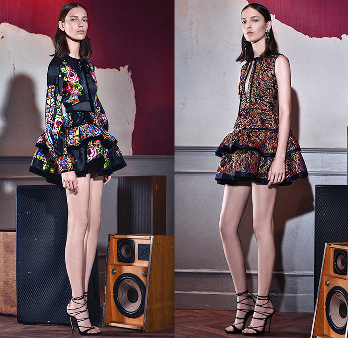 Dsquared2 2015 Pre Fall Autumn Womens Lookbook Presentation - Pantsuit Culottes Stripes Flowers Foliage Fringes Knit Sweater Jacquard Plaid Zigzag Ruffles Wrap Blazer Outerwear Ornamental Print Decorative Art Fauna Leaves Botanical Pattern Florals Flora Tuxedo Cocktail Jacket Tapered Sheer Chiffon Leather Knee Panels Chunky Turtleneck Multi-Panel Flapper Poodle Circle Skirt Tiered Coatdress Maxi 