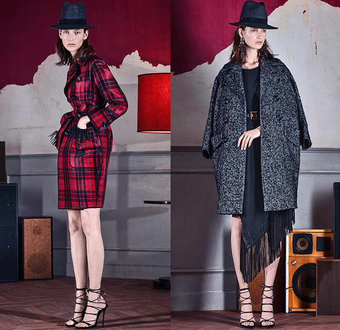 Dsquared2 2015 Pre Fall Autumn Womens Lookbook Presentation - Pantsuit Culottes Stripes Flowers Foliage Fringes Knit Sweater Jacquard Plaid Zigzag Ruffles Wrap Blazer Outerwear Ornamental Print Decorative Art Fauna Leaves Botanical Pattern Florals Flora Tuxedo Cocktail Jacket Tapered Sheer Chiffon Leather Knee Panels Chunky Turtleneck Multi-Panel Flapper Poodle Circle Skirt Tiered Coatdress Maxi 