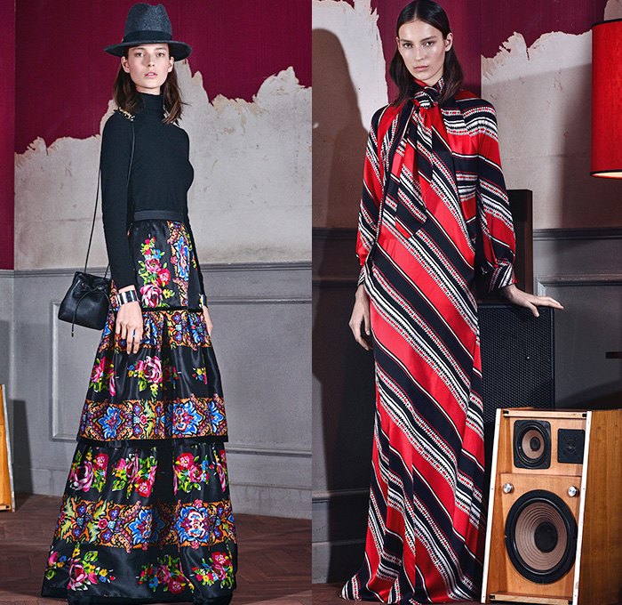 Dsquared2 2015 Pre Fall Autumn Womens Lookbook Presentation - Pantsuit Culottes Stripes Flowers Foliage Fringes Knit Sweater Jacquard Plaid Zigzag Ruffles Wrap Blazer Outerwear Ornamental Print Decorative Art Fauna Leaves Botanical Pattern Florals Flora Tuxedo Cocktail Jacket Tapered Sheer Chiffon Leather Knee Panels Chunky Turtleneck Multi-Panel Flapper Poodle Circle Skirt Tiered Coatdress Maxi 