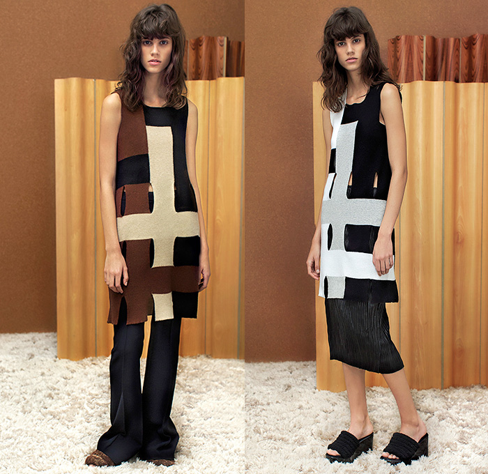 EDUN 2015 Pre Fall Autumn Womens Lookbook Presentation - Geometric Mesh Flare Checkerboard Furry Coat Rope Waist Pinstripe Button Adornments Interpolated Pants Trousers Dress Outerwear Jacket Coatdress Skirt Frock Leaf Pleats V-Neck White Ensemble Embroidery 3D Embellishments Stripes Pantsuit Vest