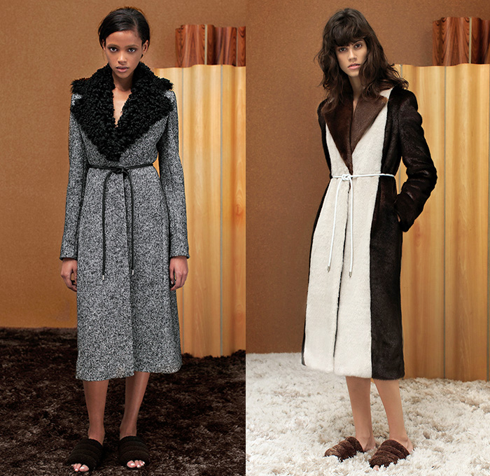 EDUN 2015 Pre Fall Autumn Womens Lookbook Presentation - Geometric Mesh Flare Checkerboard Furry Coat Rope Waist Pinstripe Button Adornments Interpolated Pants Trousers Dress Outerwear Jacket Coatdress Skirt Frock Leaf Pleats V-Neck White Ensemble Embroidery 3D Embellishments Stripes Pantsuit Vest